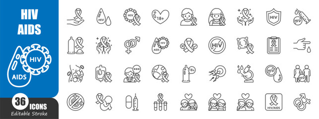 HIV and AIDS . Medical outline icon . Editable stroke . Vector .