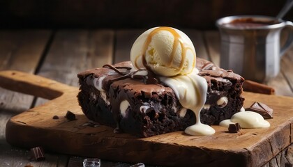 Delicious Chocolate Brownie with Ice Cream and Caramel Drizzle