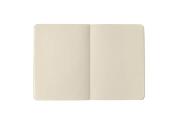 Overhead view of a Kraft paper-style notebook opened flat