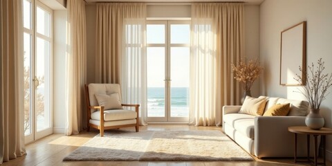 Coastal Living Room with Ocean View and Soft Sunlight Streaming Through Sheer Curtains
