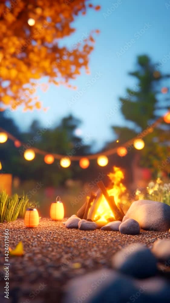 Aufkleber vertical video background of cozy campfire with glowing lanterns and autumn tree creates warm outdoo