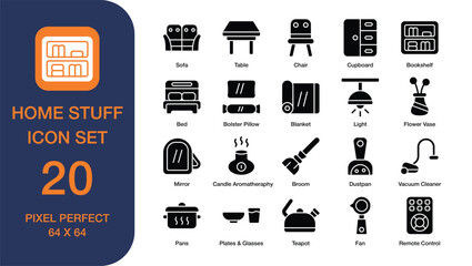 set featuring twenty icons of home stuff. Ideal for web design, interior decor, household product packaging, and social media