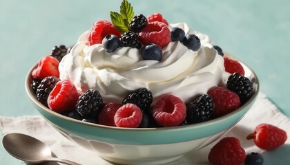 Fresh Berries and Whipped Cream Dessert in a Bowl