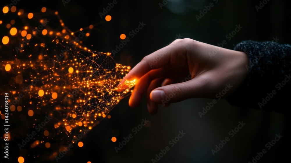 Poster abstract image featuring a hand interacting with digital network of golden sparkling light against a