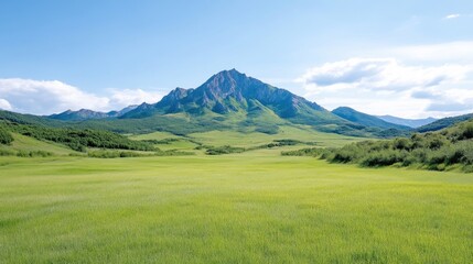Fototapeta premium Lush valley with a majestic mountain peak under a clear sky. Vast grassy plains meet the foothills of a dramatic mountain range