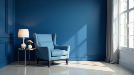Serene Blue Room Interior Featuring Comfortable Wingback Chair and Side Table with Lamp