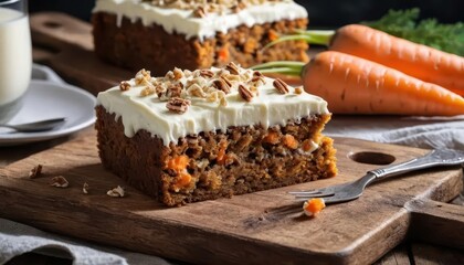 Moist carrot cake with cream cheese frosting and chopped nuts