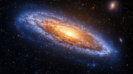 Fototapeta premium Spiral galaxy in deep space. Vast expanse of stars, nebulas, and cosmic dust. Intricate spiral arms, vibrant colors of orange and blue