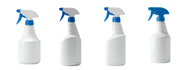 Collection of photorealistic generic white spray bottles with blue accents studio shot