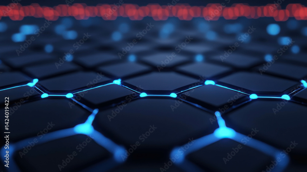 Poster hexagonal pattern with blue and red highlights on dark surface in abstract design
