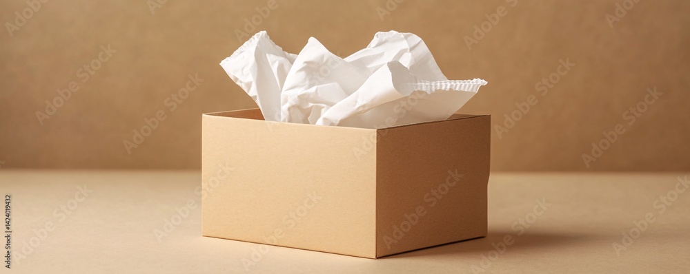 Poster Overflowing crumpled white wrapping paper in cardboard box on beige background