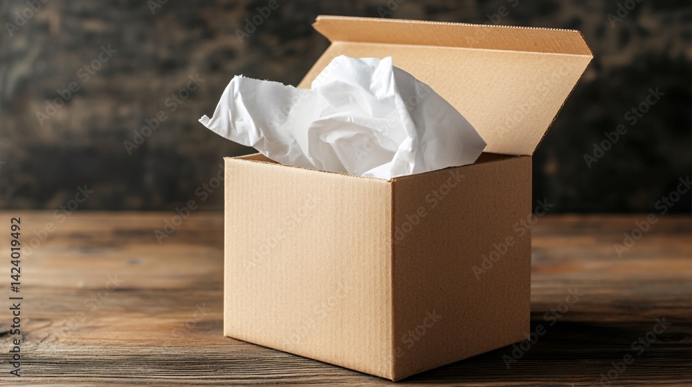 Poster wooden table with an open cardboard box filled with packing paper