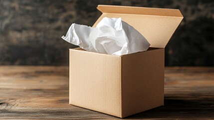 Wooden table with an open cardboard box filled with packing paper