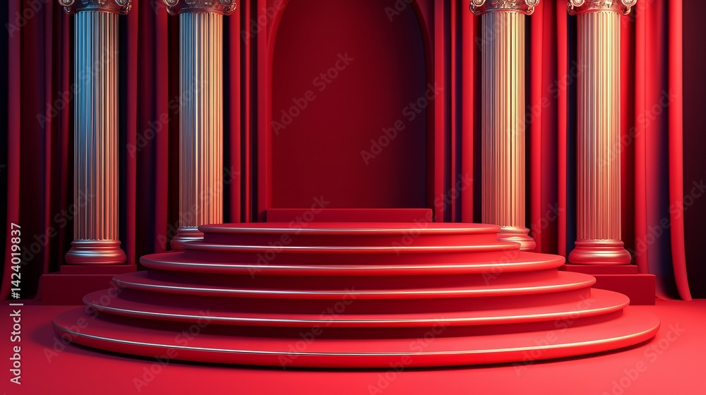 Poster elegant red stage podium with gold columns and curtains luxurious modern 3d render presentation back