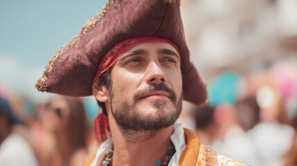Fototapeta premium man wearing vibrant pirate costume in soft focus standing in lively bustling crowd with people elegantly blurred in