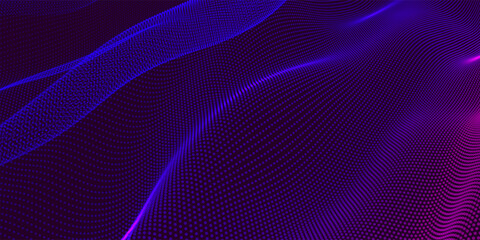 Futuristic dot wave. Abstract digital particle wave. Technology background. Colored musical wave. Dark background. Digital background with smooth, wavy curves. 3D illustration