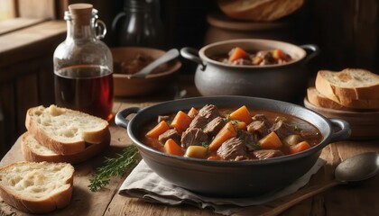 Delicious Beef Stew with Carrots and Potatoes in Rustic Setting