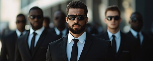 Group of sharp-dressed security personnel is safeguarding a vip