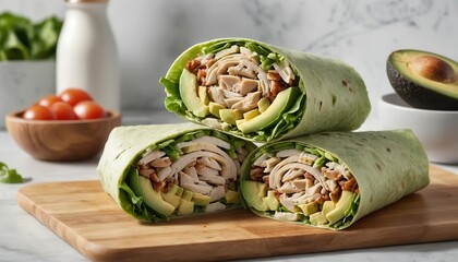 Fresh and Healthy Wraps with Chicken and Avocado on Wooden Board