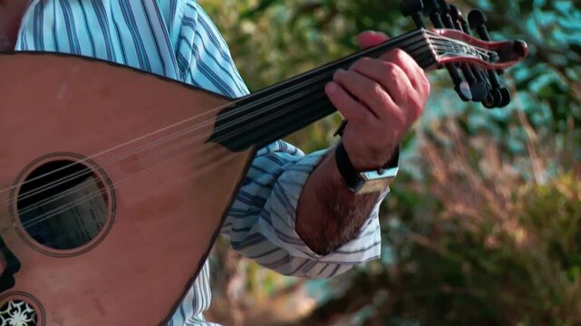 Traditional Turkish musical instrument Oud, hands playing the ud
