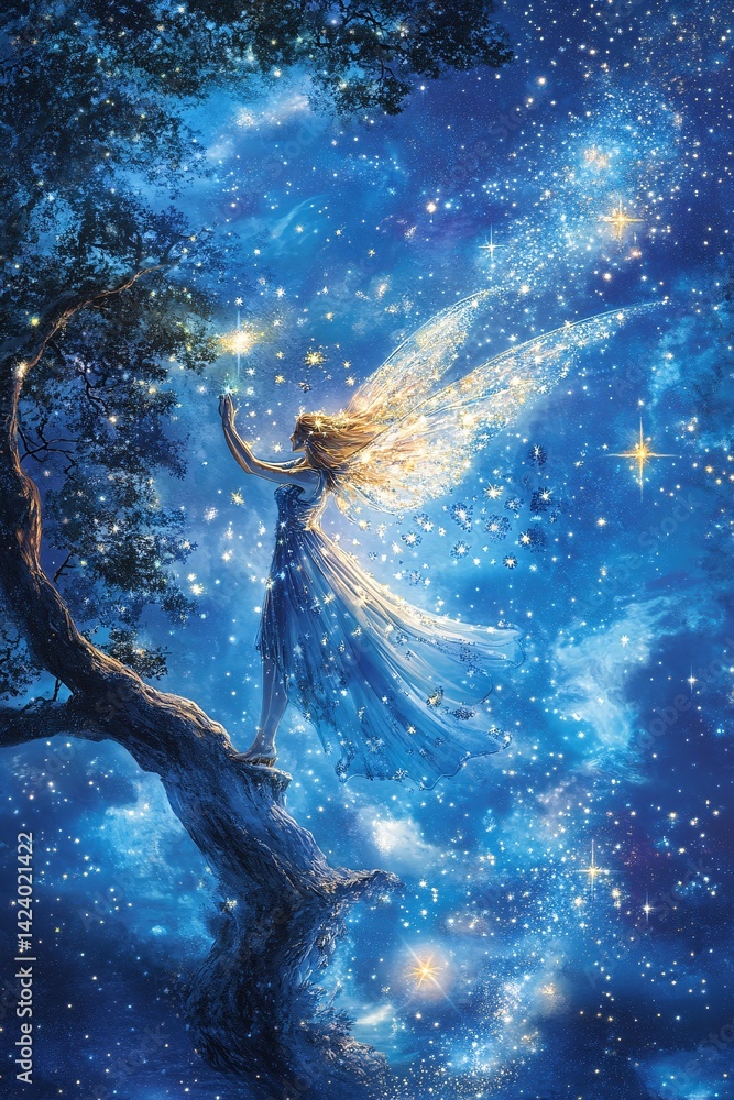 Poster beautiful fairy with large wings is standing on a tree branch and holding a star in a magical forest