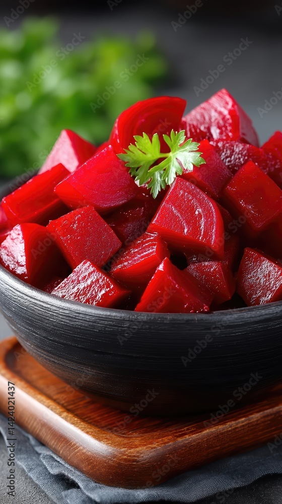 Poster beet salad served in a bowl with fresh garnish in a stylish dining setting