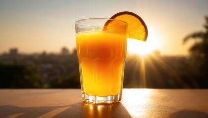 Refreshing Orange Juice Drink at Sunset with Citrus Slice