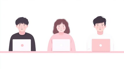 Three individuals using laptops, minimalist pastel aesthetic. Pink desk.