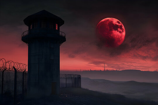 Red moon illuminates a prison tower and barbed wire fence.