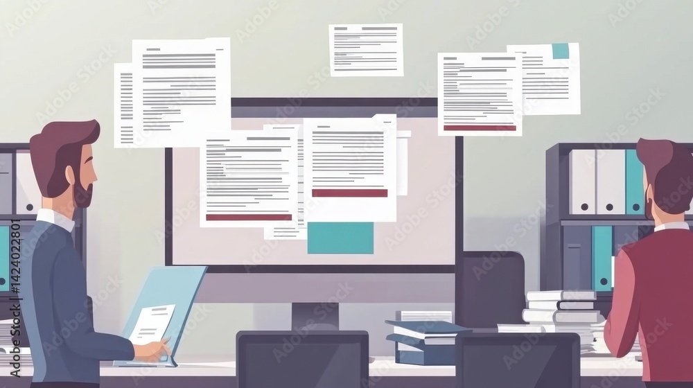 Poster two men in suits review documents at computer monitors in an office setting. papers float in the air
