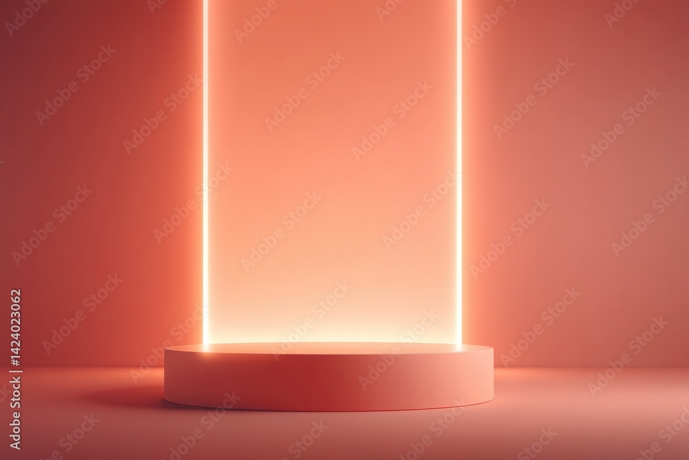 Poster minimalistic empty podium set against vibrant neon-colored background perfect for displaying cosmeti