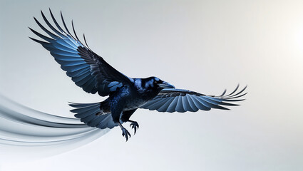 Fototapeta premium Majestic raven soaring gracefully with spread wings against abstract background artwork