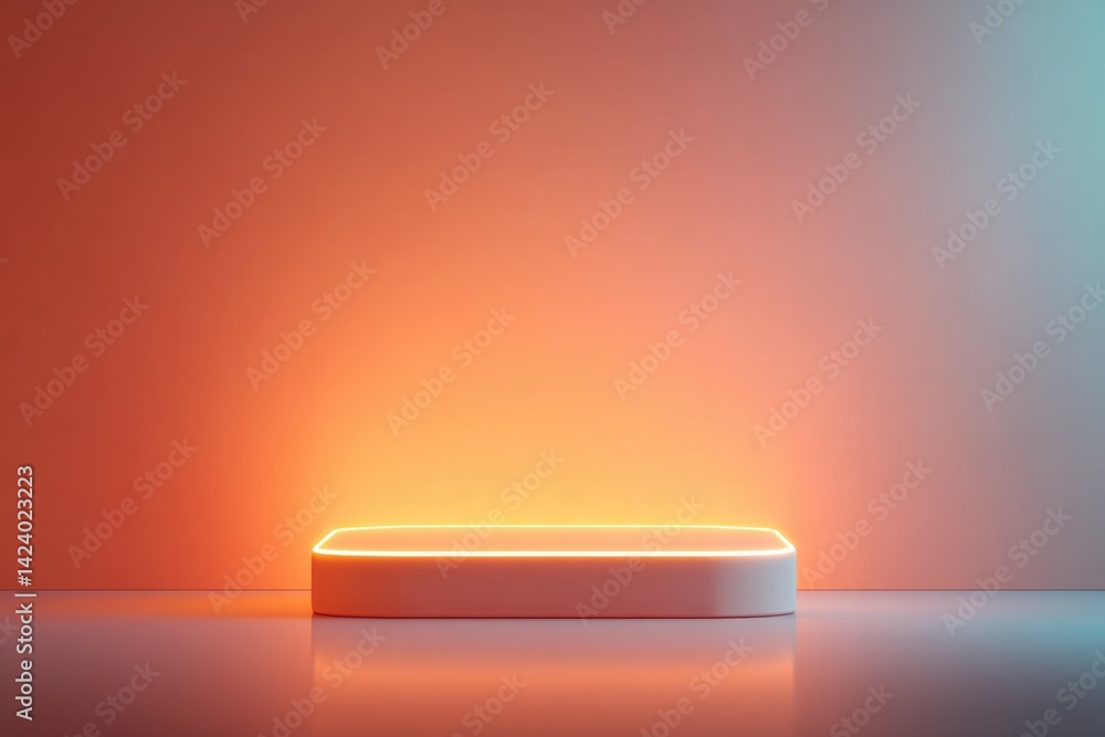 Poster minimalistic empty podium set against vibrant neon-colored background perfect for displaying cosmeti
