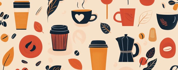Seamless pattern of autumn hot beverages with coffee beans and leaves on a light brown background