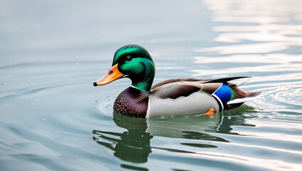 Obraz premium Mallard duck swimming calmly in water reflection of light and sky