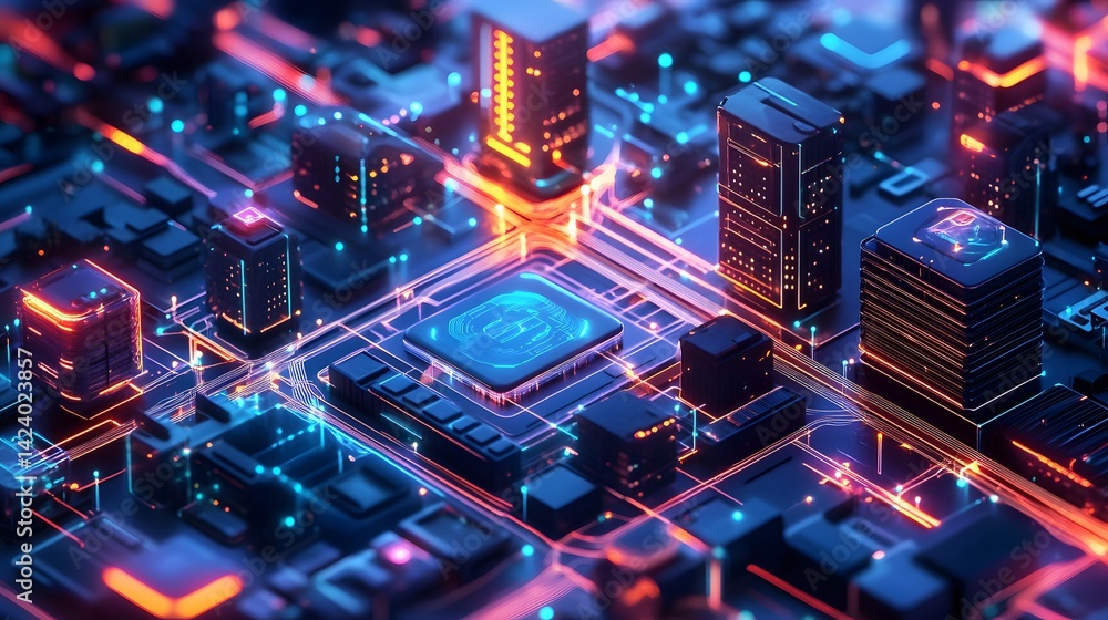 Poster a cityscape with buildings and a computer chip. the city is lit up with neon lights and the computer
