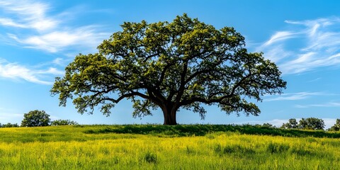 Fototapeta premium Single large oak tree against a backdrop of blue sky and green grass.