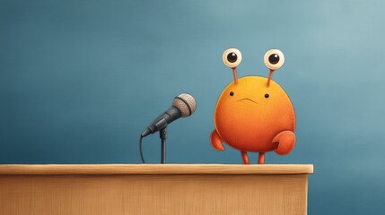 Creature's Speech: a creature stands behind podium and stares at mic ready to start public speaking.