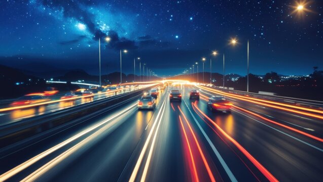 Night Highway: Starry Sky, Light Trails, and Dynamic Cars - Powered by Adobe