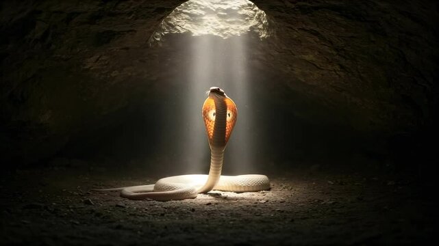 A striking snake emerges from the shadows in a cave, illuminated by beams of light, showcasing its beauty - white king cobra