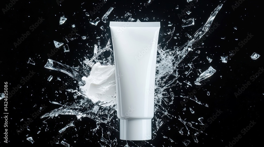 Poster edgy contrast, white cream tube surrounded by sharp glass shards on a dark surface, creating a strik