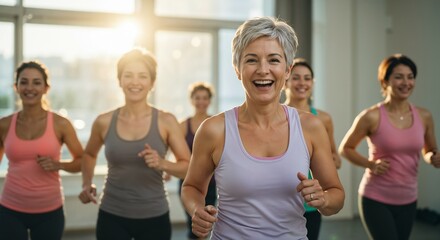 A group of women of different ages participate in a fitness class, with the older woman in the foreground being particularly highlighted.

