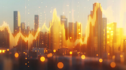 Holographic graph with golden trend lines, floating over a cityscape, representing future profitability. 