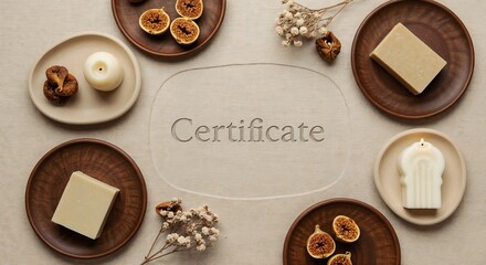 Natural Certificate Template with Artisan Soap, Dried Figs, and Candles on Linen Background for Eco Beauty Courses, Handmade Product Branding, and Wellness Workshops