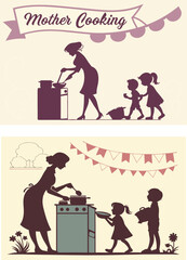 Silhouetted mother cooking with kids in decorative banner

