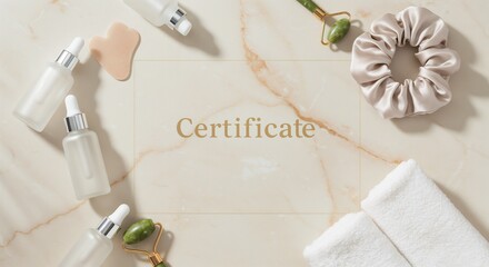 Modern Certificate Layout with Skincare Bottles, Gua Sha, and Jade Roller on Marble Background for Beauty Courses, Spa Vouchers, Skincare Branding, and Wellness Programs