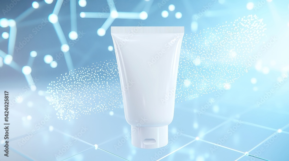 Poster floating white cream tube in a futuristic tech-blue grid, illuminated by glowing data lines and part