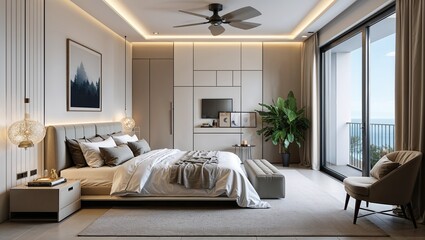 Every element in this bedroom is designed for minimalist elegance and comfort