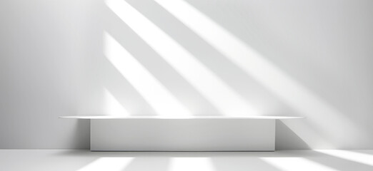 Minimalist interior space with soft diagonal sunlight streaming through unseen windows, casting bold shadows across white walls and floor. Clean architecture, beauty of natural light in design