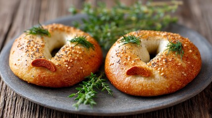 Bagel Appetizers: A delectable close-up showcases two fresh bagels, perfectly toasted and adorned with a blend of spices. Embellished with fragrant herbs, they rest on a rustic plate.
